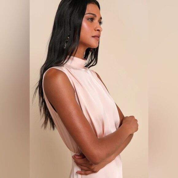 Lulus Classic Elegance Blush Satin Sleeveless Mock Neck Maxi Dress Small NEW - Picture 3 of 15